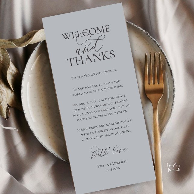 Cartão de Agradecimento para Jantar de Noivado Bem (Welcome and Thanks Wedding Reception Dinner Thank You Card in Charcoal Chill Grey)