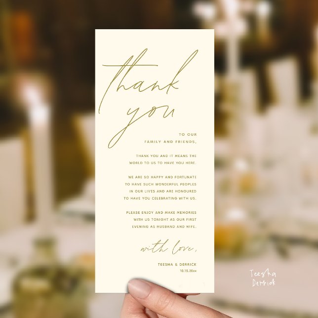 Cartão de Agradecimento para Jantar de Recepção de (Modern Wedding Reception Dinner Lunch Brunch Party Thank You Card in yellow gold)