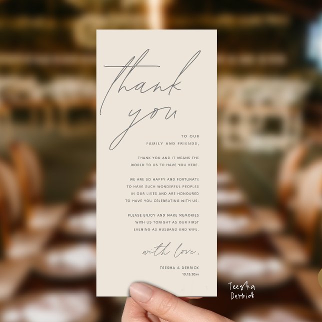 Cartão de Agradecimento para Jantar de Recepção de (Modern Wedding Reception Dinner Lunch Brunch Party Thank You Card in warm cream grey)
