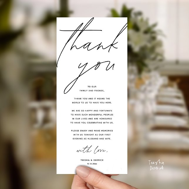 Cartão de Agradecimento para Jantar de Recepção de (Modern Wedding Reception Dinner Lunch Brunch Party Thank You Card in black and white)