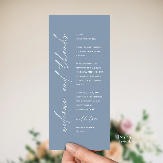 Cartão de Agradecimento para Jantar de Recepção de (Welcome and thanks, Modern Wedding Reception Dinner Thank You card, family friends in dusty blue)