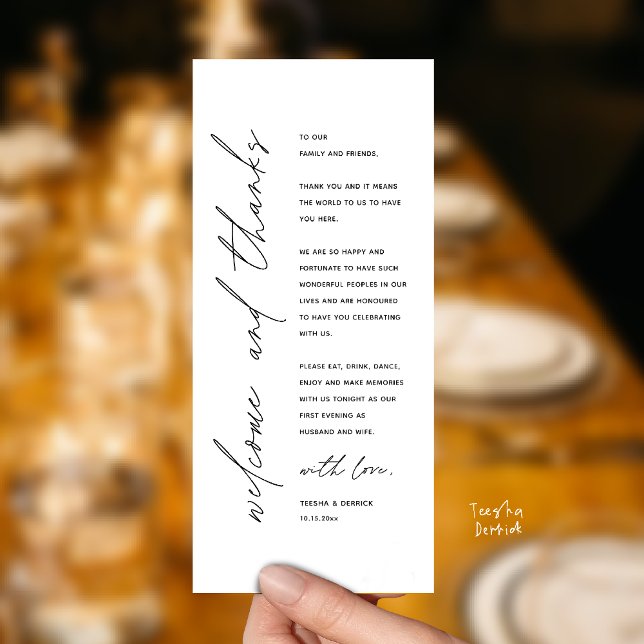 Cartão de Agradecimento para Jantar de Recepção de (Welcome and thanks, Modern Wedding Reception Dinner Thank You card, family friends in Black White)