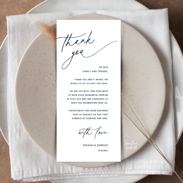 Cartão de Agradecimento para Jantar de Recepção de (Romantic Wedding Reception Dinner Thank You Card in Navy Blue)