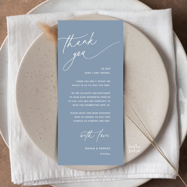 Cartão de Agradecimento para Jantar de Recepção de (Romantic Wedding Reception Dinner Thank You Card in Dusty Blue)