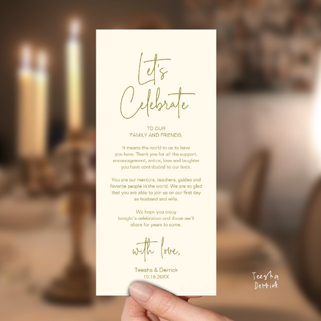 Cartão de Agradecimento para Jantar de Recepção de (Modern Classy Wedding Reception Dinner Thank You Card in Yellow Gold)