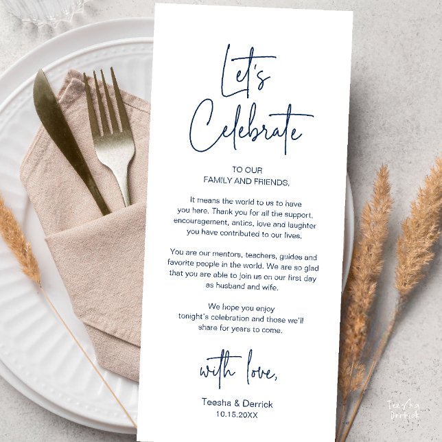 Cartão de Agradecimento para Jantar de Recepção de (Modern Classy Wedding Reception Dinner Thank You Card in Navy Blue)