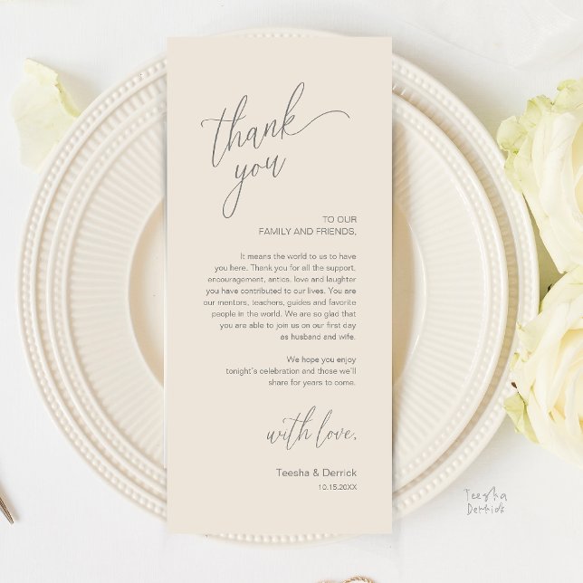 Cartão de Agradecimento para Jantar de Recepção de (Modern Wedding Reception Dinner Thank You Card in Cream and Grey)