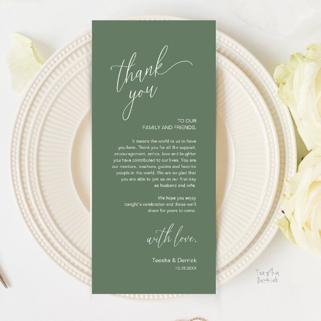 Cartão de Agradecimento para Jantar de Recepção de (Modern Wedding Reception Dinner Thank You Card in Sage Green)