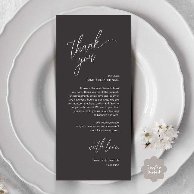 Cartão de Agradecimento para Jantar de Recepção de (Modern Wedding Reception Dinner Thank You Card in Charcoal Grey)