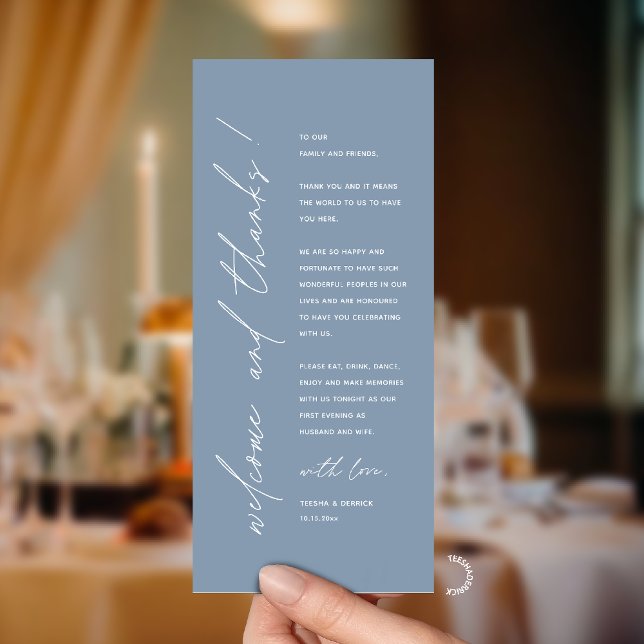 Cartão de Agradecimento para Recepção de Casamento (Modern Minimalist Wedding Reception Dinner Thank You Card in dusty blue)