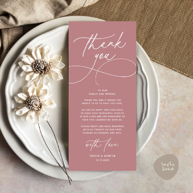 Cartão de Agradecimento para Recepção de Casamento (Romantic Modern Wedding Reception Dinner Thank You Card in dusty rose pink)