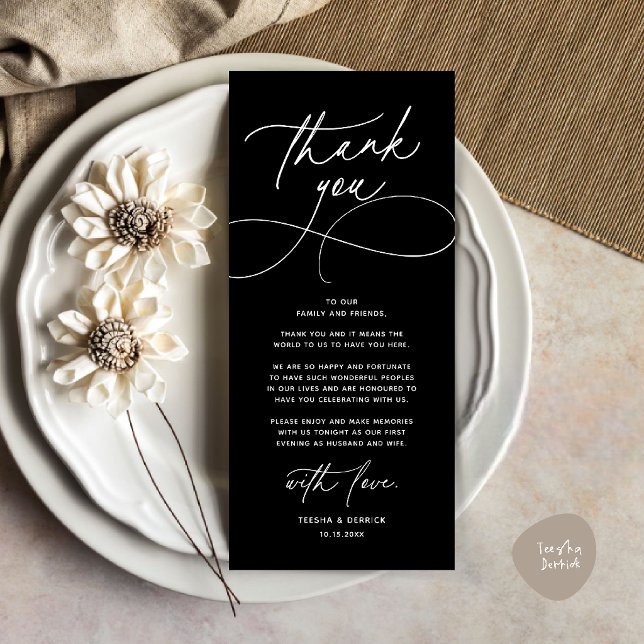 Cartão de Agradecimento para Recepção de Casamento (Romantic Modern Wedding Reception Dinner Thank You Card in classy black)
