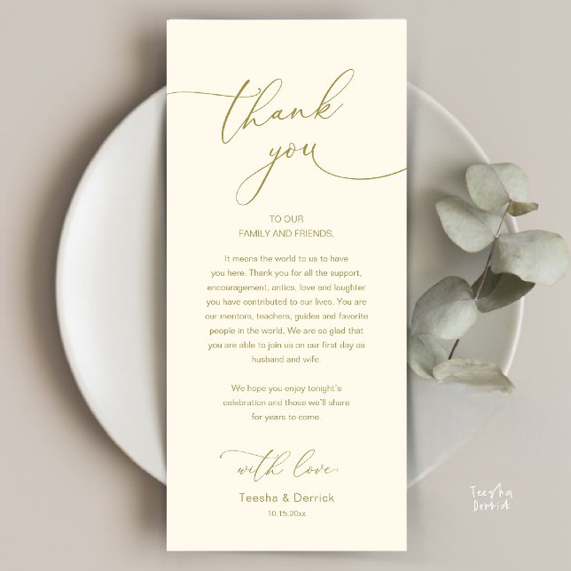 Cartão de Agradecimento para Recepção de Casamento (Modern Romantic Wedding Reception Thank You Card, plate decoration, in Yellow Gold)