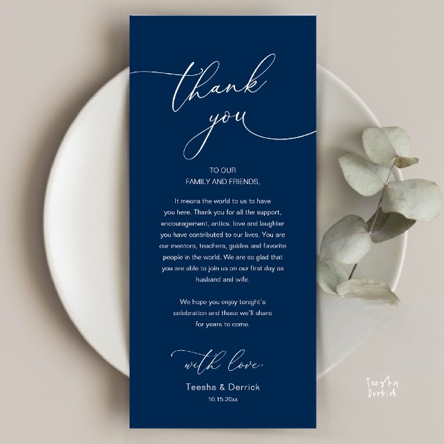 Cartão de Agradecimento para Recepção de Casamento (Modern Romantic Wedding Reception Thank You Card, plate decoration, in Classy Navy Blue)