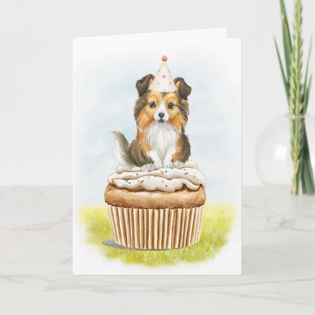 Cartão De Agradecimento Parabéns Sheltie Pup Cake Birthday (Frente)
