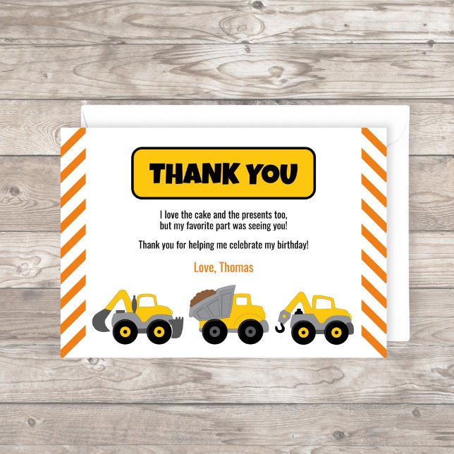 Cartão De Agradecimento Partido do Caminhão de Construção (Construction Truck Thank You card with yellow trucks and orange stripes)