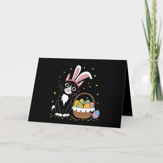 Cartão De Agradecimento Páscoa Negra Gato Tuxedo Rabbit Coelho Ovos (Frente)