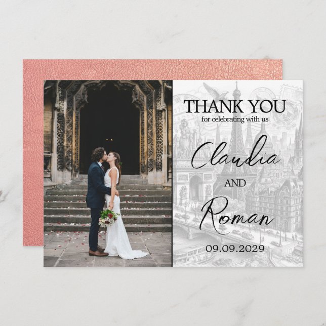 Cartão De Agradecimento Passaporte de Paris rosa Dourado (Frente/Verso)