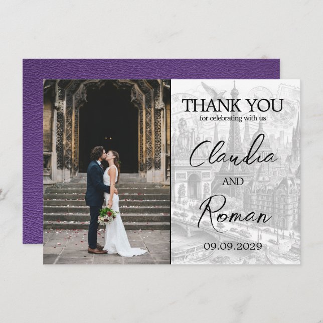 Cartão De Agradecimento Passaporte Paris Purple (Frente/Verso)