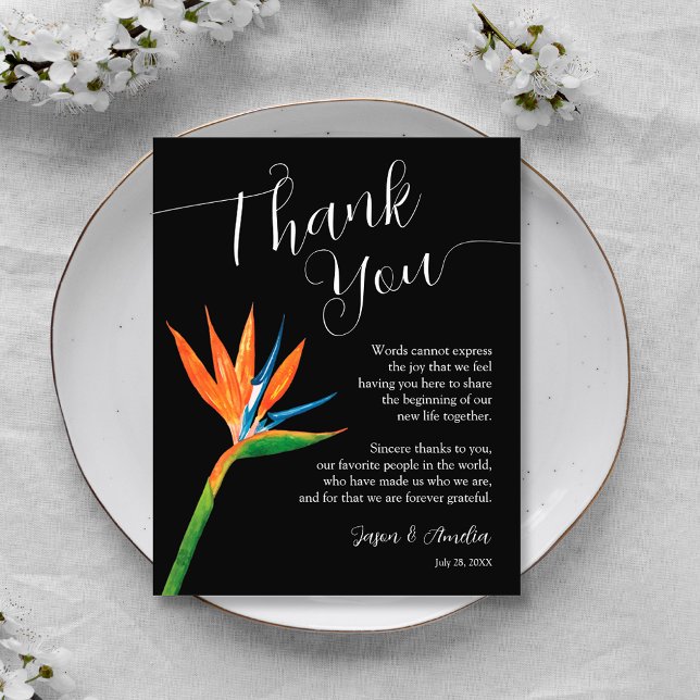 Cartão De Agradecimento Pássaro da Recepção de casamento Floral do Paraíso (Bird of Paradise Floral Wedding Reception Plate Thank You Cards)