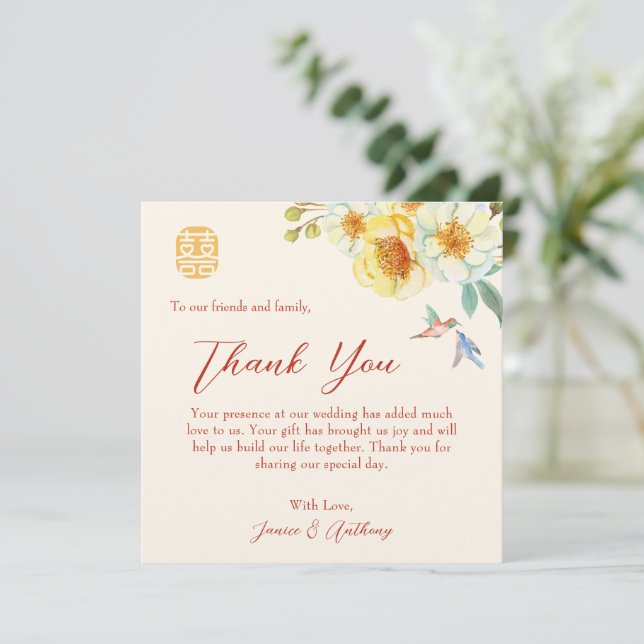 Cartão De Agradecimento Pássaro floral amarelo-casamento chinês elegante (Em pé/Frente)