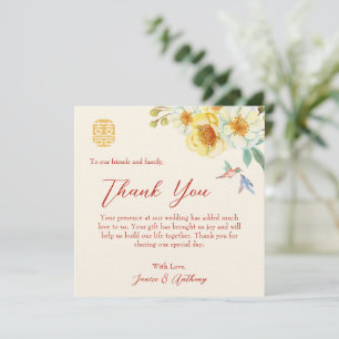 Cartão De Agradecimento Pássaro floral amarelo-casamento chinês elegante