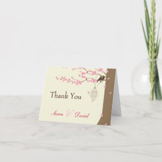 Cartão De Agradecimento Pássaros de Amor Gaiola Vintage Flor de Cerejeira
