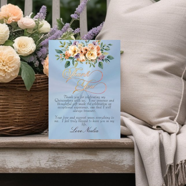 Cartão De Agradecimento Pastel Blue - Floral & Silver Tiara Quinceanera (Criador carregado)