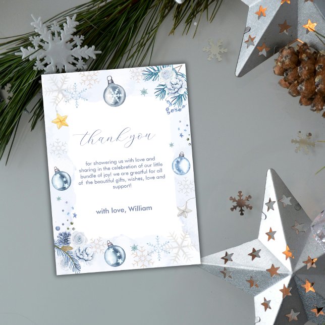 Cartão De Agradecimento Pastel Blue Snowflake Floral Winter Baby Shower  (Pastel Blue Snowflake Floral Winter Baby Shower Thank You Card)