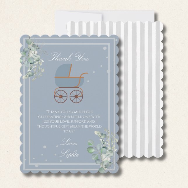 Cartão De Agradecimento Pastel Blue Stripes Baby Carriage Baby Shower (Criador carregado)