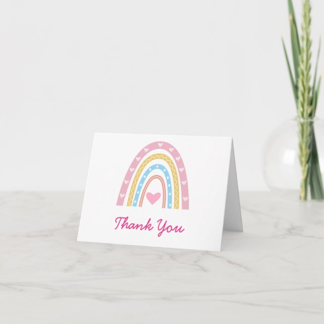 Cartão De Agradecimento Pastel Boho Rainbow com festa de aniversário de co (Frente)