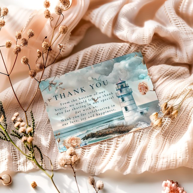 Cartão De Agradecimento Pastel Coastal Lighthouse Ocean Wedding (Criador carregado)