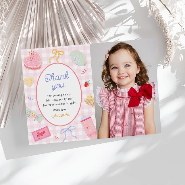 Cartão De Agradecimento Pastel Hand Drawn Pretty Girl Birthday Party Photo (Criador carregado)
