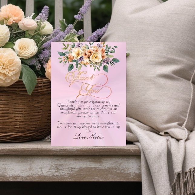 Cartão De Agradecimento Pastel Pink - Floral & Silver Tiara Quinceanera (Criador carregado)