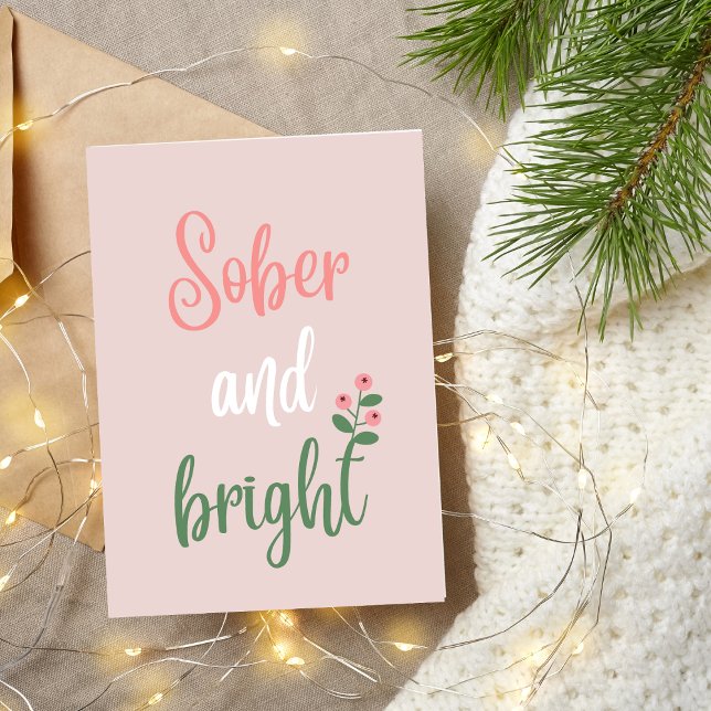Cartão De Agradecimento Pastel Pink Sober e Bright Christmas (sobriety christmas card with text sober and bright, pastel pink, trendy colors comfort cosy)