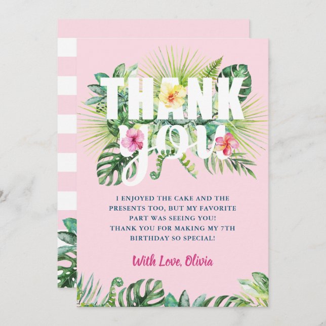 Cartão De Agradecimento Pastel Pink Tropical Greenerescência Floral Aniver (Frente/Verso)