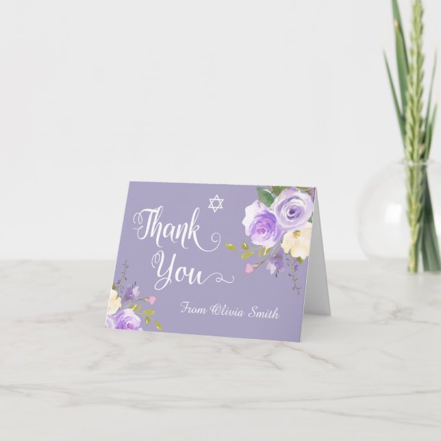 Cartão De Agradecimento Pastel Purple Floral Bat Mitzvah Obrigado (Frente)