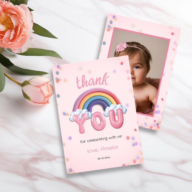 Cartão De Agradecimento Pastel Rainbow First Birthday Thank You Photo Card (Criador carregado)