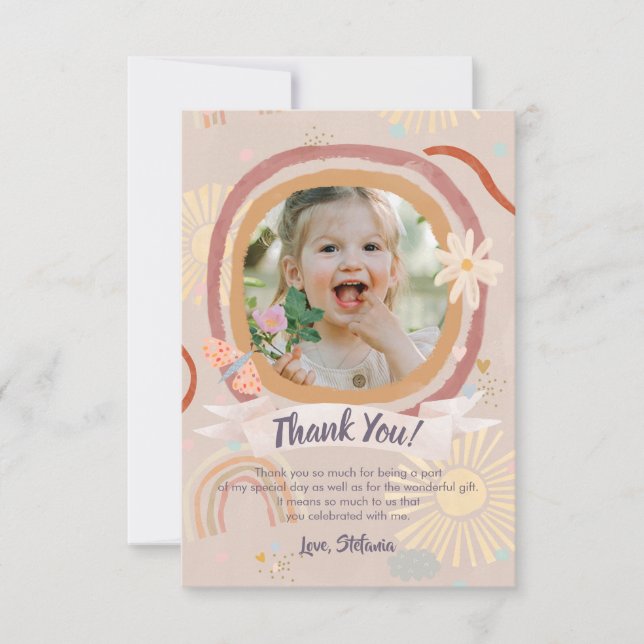 Cartão De Agradecimento Pastel Rainbow Pink Birthday Photo Thank You Card (Frente)