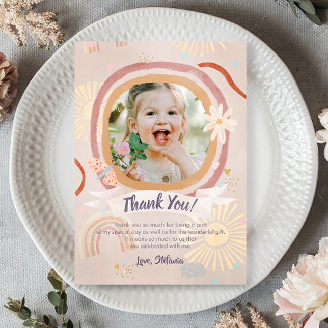 Cartão De Agradecimento Pastel Rainbow Pink Birthday Photo Thank You Card (Criador carregado)