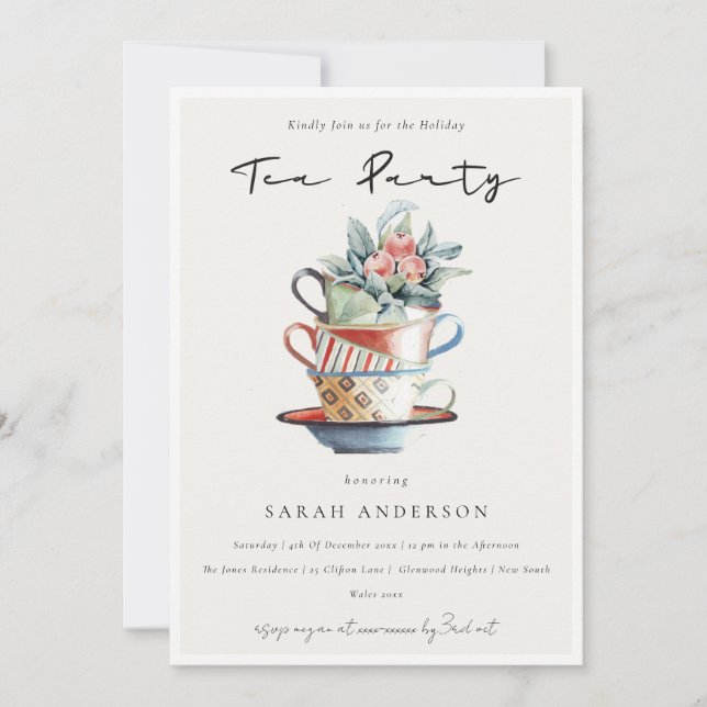 Cartão De Agradecimento Pastel Stacked Cups Holiday Tea Party Invite (Frente)