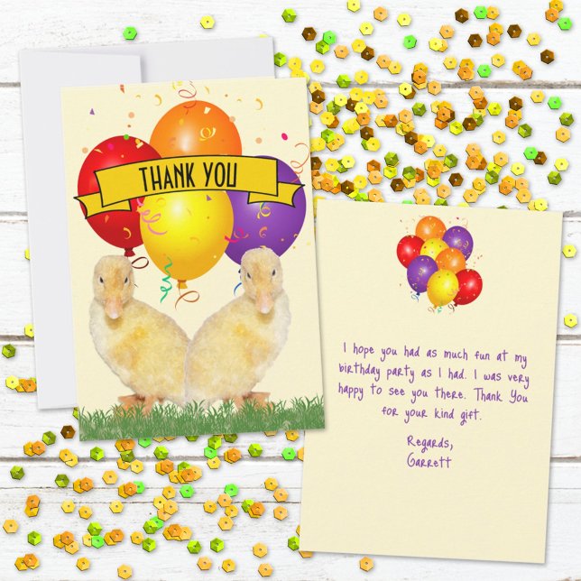 Cartão De Agradecimento Patinhos Balões Coloridos Aniversário Infantil (Send a thank you to all your guests who attended the birthday party with this cute flat card.  )