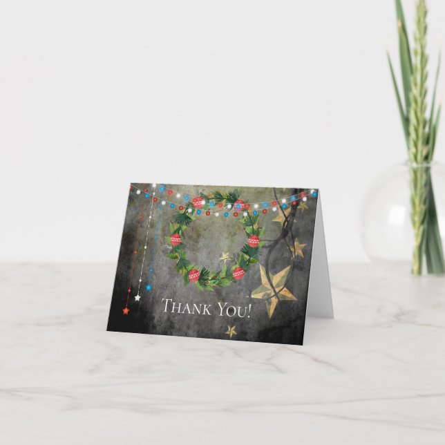 Cartão De Agradecimento Patriotic Stars n Lights, Holiday Christmas Wreath (Frente)