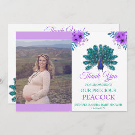 Cartão De Agradecimento Pavão Verde e Azul | Flores De Aquarelas Roxas