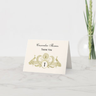 Cartão De Agradecimento Pavões Vintage Monograma Dourado Falso Marfim BG