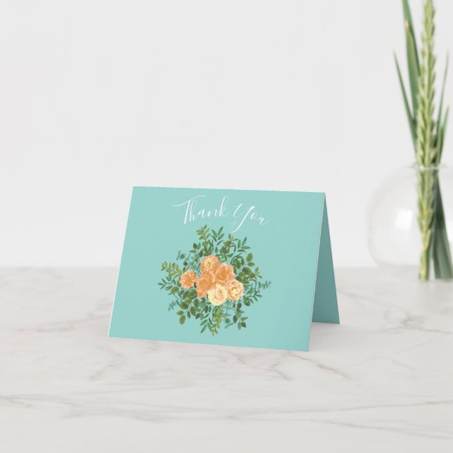Cartão De Agradecimento Peach Aqua Teal Wedding Rosa Floral (Frente)
