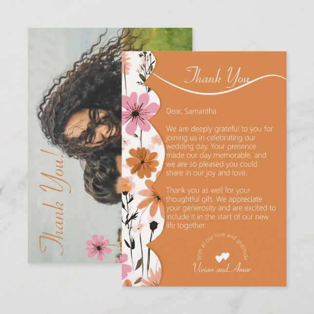 Cartão De Agradecimento Peach Floral Boarder e Casamento Laranja Queimado (Frente/Verso)