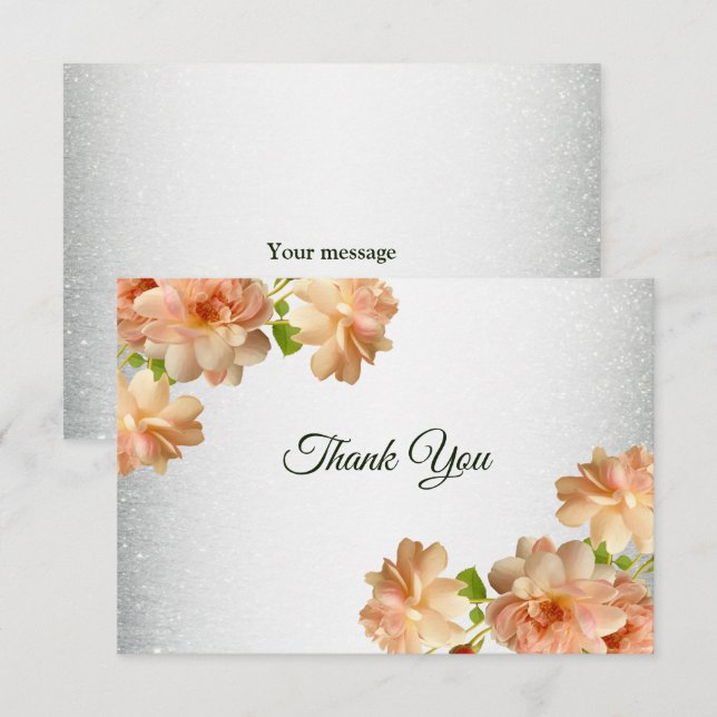 Cartão De Agradecimento Peach Floral Silver Glitter Modern Wedding Party (Frente/Verso)