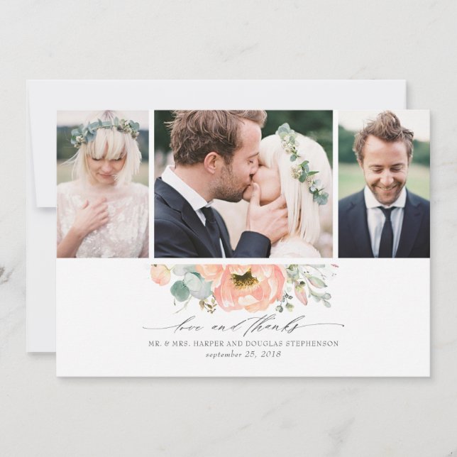 Cartão De Agradecimento Peach Floral Wedding 3 Fotografias (Frente)