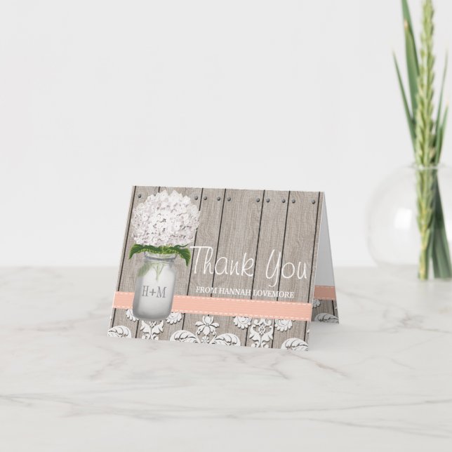 Cartão De Agradecimento Peach Hydrangea Monogrammed Mason Jar Obrigado (Frente)